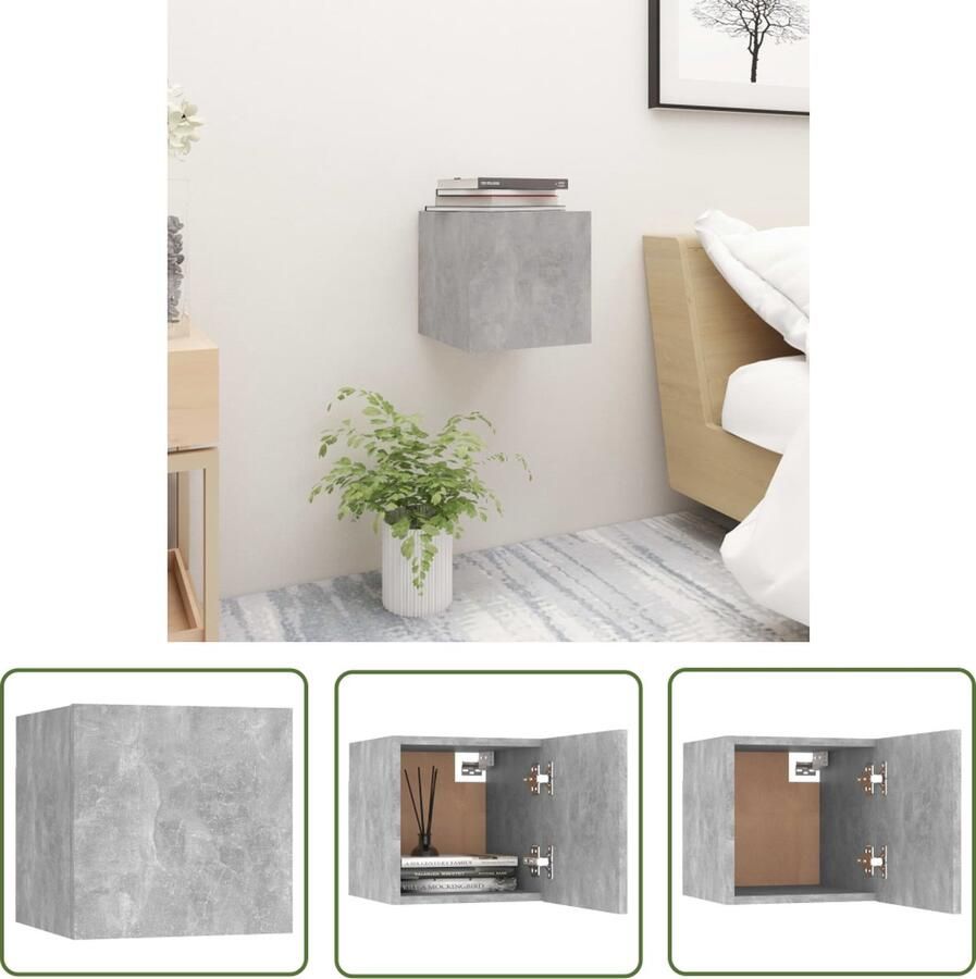 The Living Store Slaapkaastje Betongrijs 30.5 x 30 x 30 cm Wandmontage Openende deur links of rechts Slaapkamer Meubilair Nachtkastje Wandmontage Houten Kast Beton Grijs - Foto 3