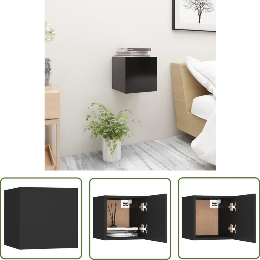 The Living Store slaapkaastje Design met opbergvak Zwart 30.5 x 30 x 30 cm Wandmontage Slaapkamermeubel Nachtkastje Wandmontage Opbergruimte Houten Meubilair - Foto 2