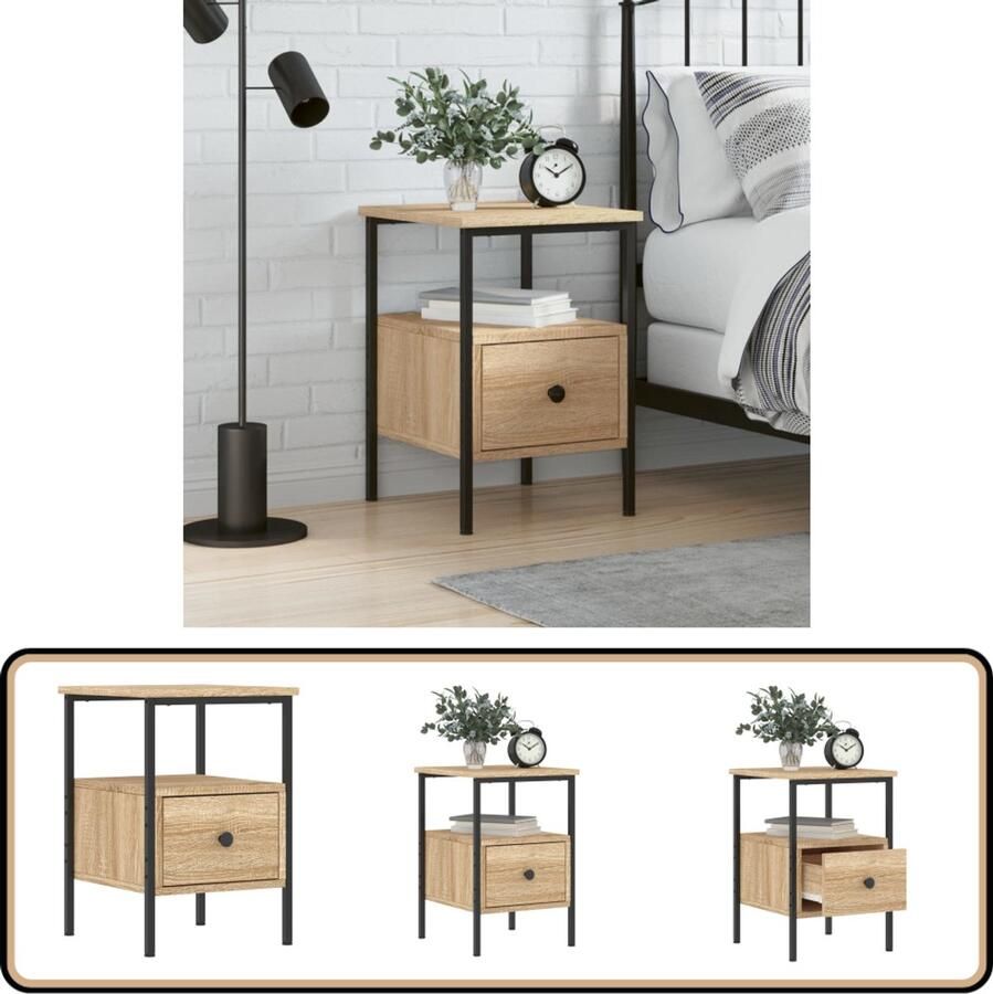 The Living Store Nachtkastje Sonoma Eiken 34 x 36 x 50 cm Duurzaam hout ijzer Nachtkastje Kast Slaapkamermeubel Houten Meubel Nachtlampje - Foto 2