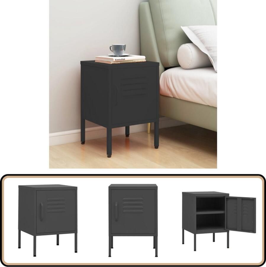 VidaXL Nachtkastje Staal Antraciet 35x35x51 cm Nachtkastje Bedkastje Staalkasten Industriele Stijl Nachtlamp Slaapkamersdecoratie Salonmeubilair