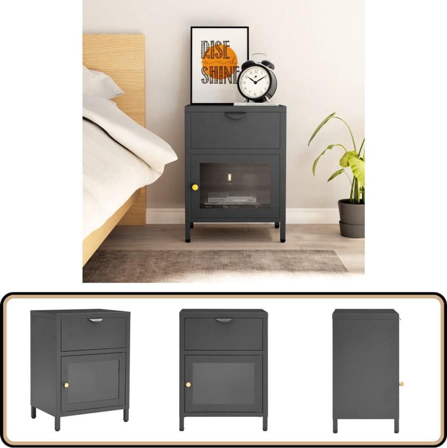VidaXL Nachtkastje Staal en Glas Antraciet 40x30x54 5 cm Nachtkastje Nachtkast Sidetable Salontafel Designmeubel