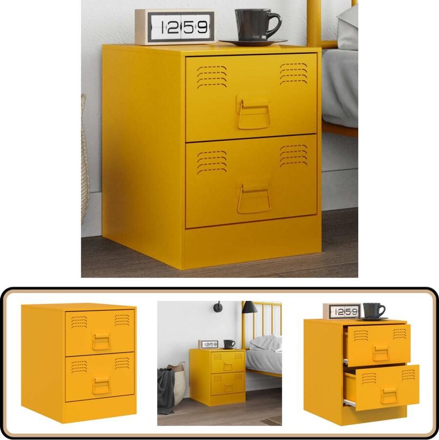VidaXL Nachtkastje Staal Geel 34 5x39x44 cm Nachtkastje Bijzettafel Slaapkamer Meubilair Staal Meubel Gele Meubels