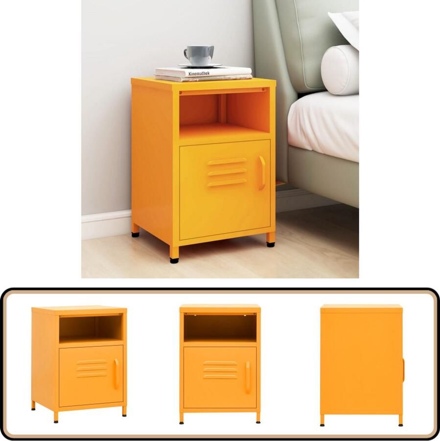 VidaXL Nachtkastje Staal Mosterdgeel 35x35x51 cm Nachtkastje Bedside Cabinet Staal Meubel Mustard Yellow Furniture Industrieel Design Modern Nightstand