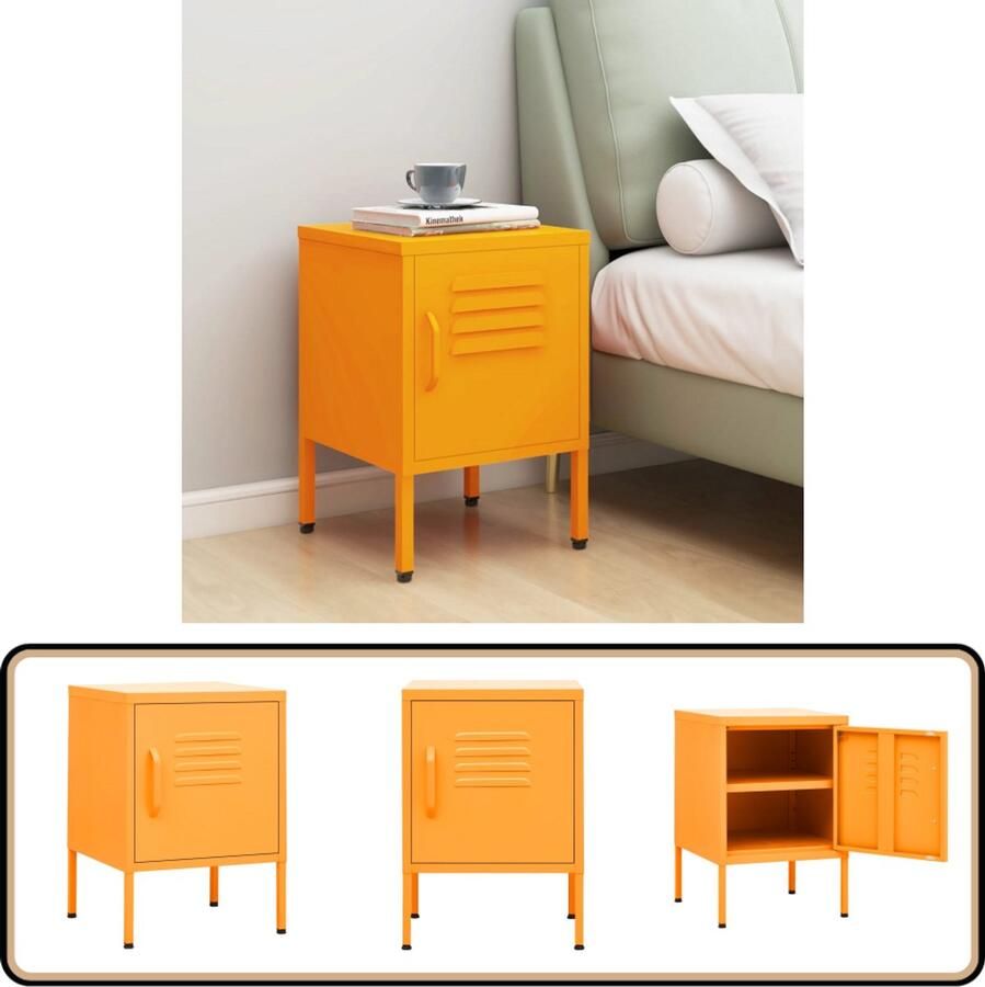 The Living Store Nachtkastje Staal 35x35x51 cm Mosterdgeel Verstelbaar schap Nachtkastje Staalkast Sidetable Mustard Yellow Furniture Vintage Nightstand - Foto 2