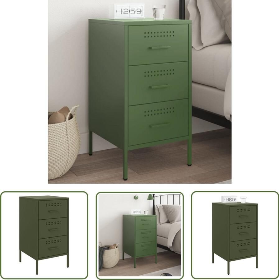 The Living Store Nachtkastje 36x39x68 cm staal olijfgroen Nachtkastje Industrieel Nachtkastje Staal Groene Nachtkastjes Olijfgroene Meubel Salontafel Groen