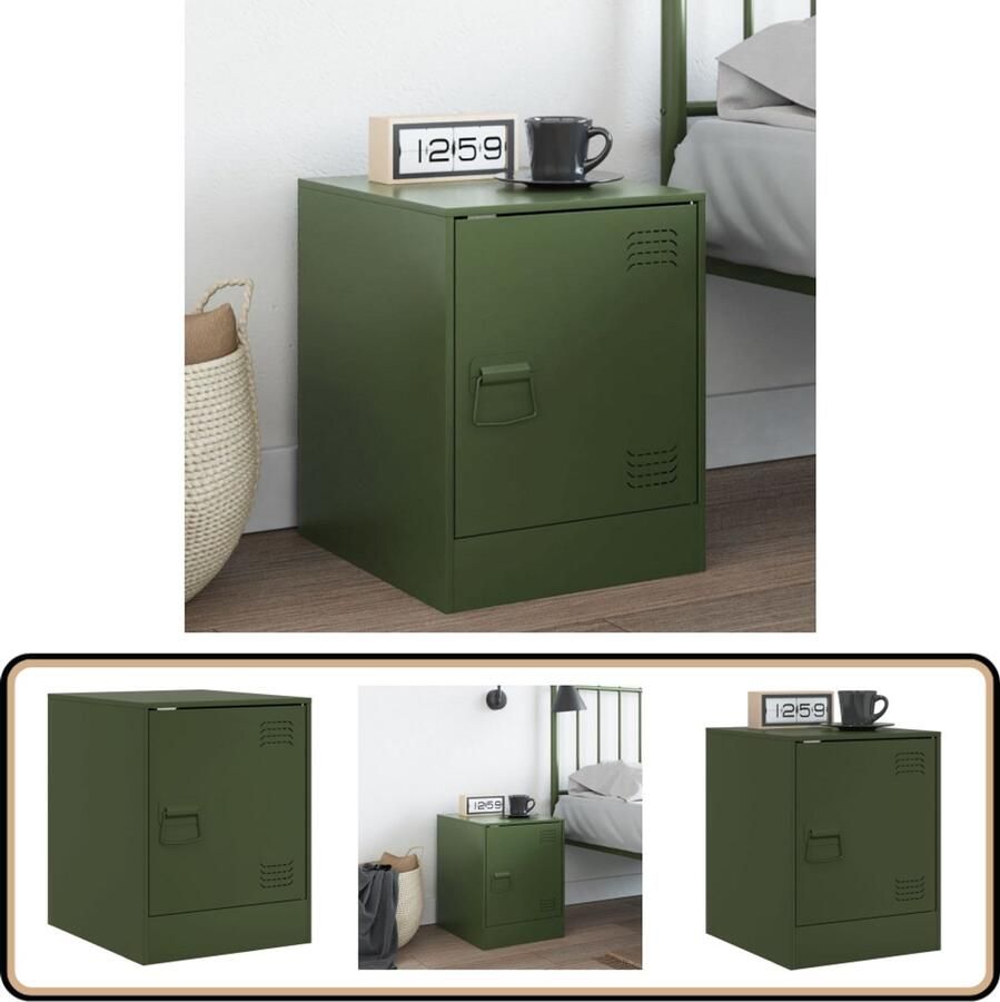 The Living Store Nachtkastje 34 5x39x44 cm staal olijfgroen Nachtkastje Nachttafel Olijfgroene Kast Staalkast Industriële Design - Foto 2