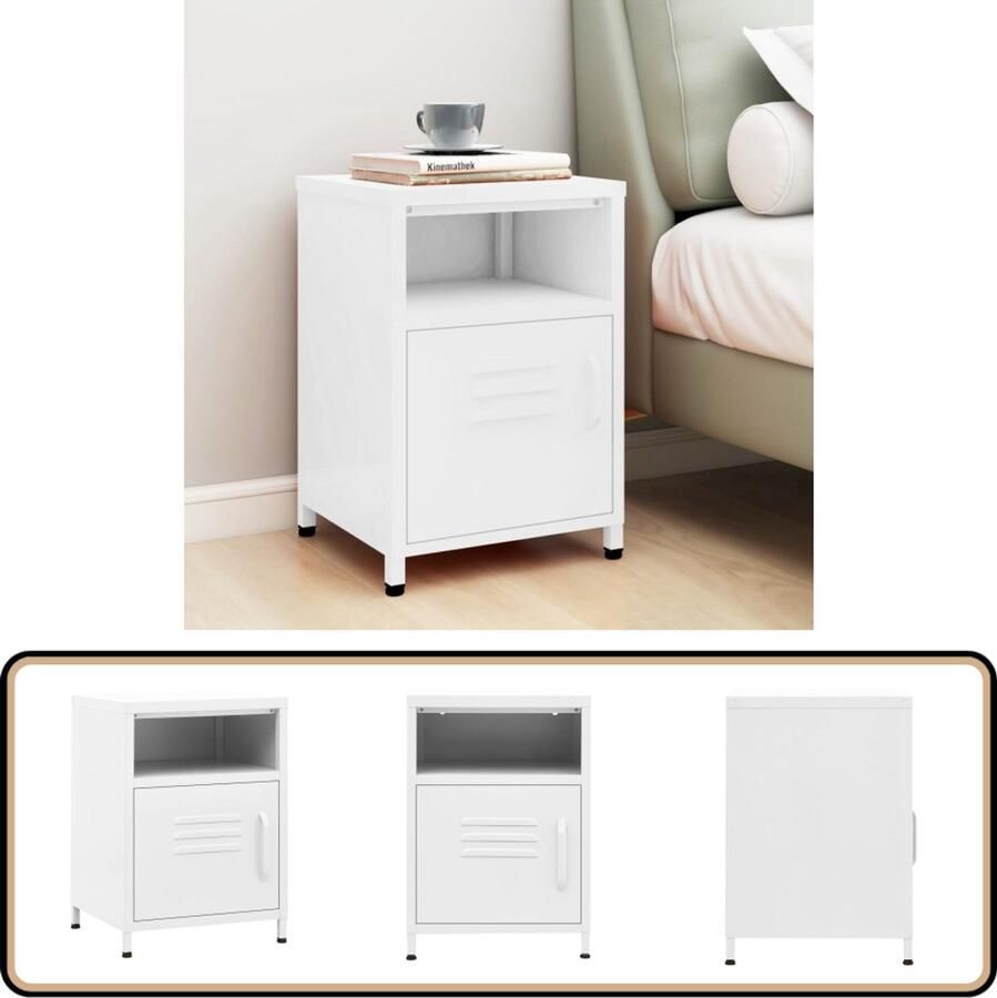 VidaXL Nachtkastje Staal Wit 35x35x51 cm Nachtkastje Staal Nacht Kast Industrieel Design Witte Nachtkast Slaapkamermeubilair Bergruimte Modern Minimalistisch