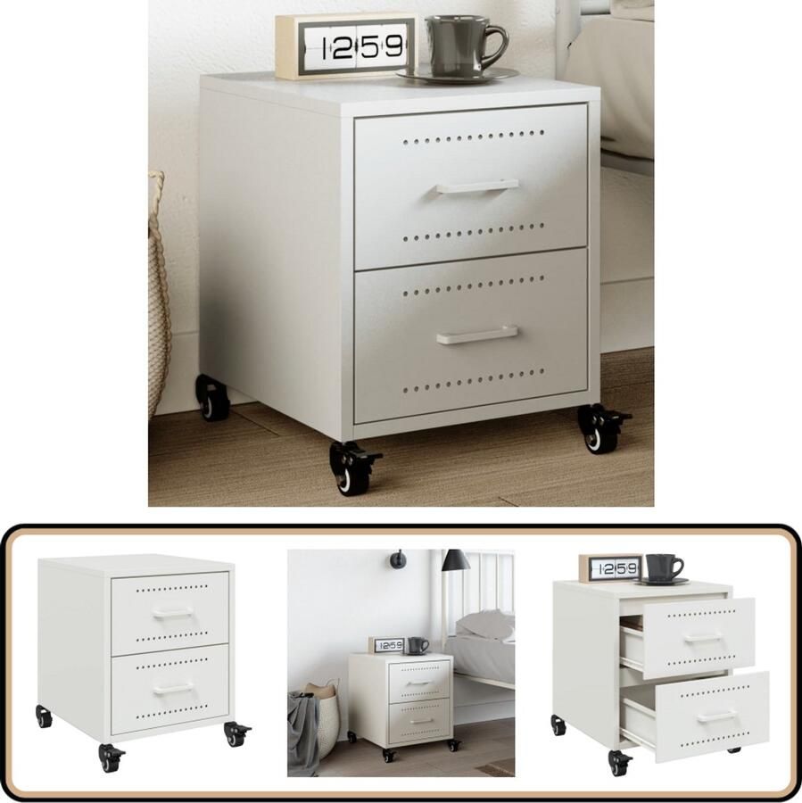 VidaXL Nachtkastje Staal Wit met 2 Lades Nachtkastje Bijzettafel Meubilair Slaapkamerinrichting Modern Design