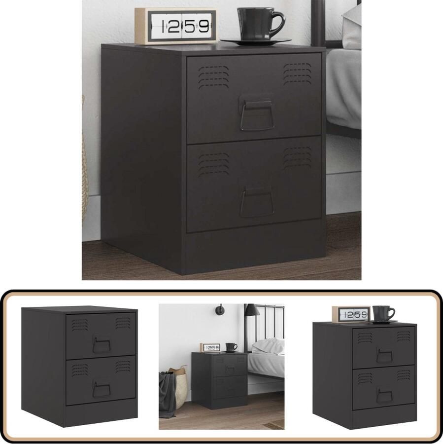 VidaXL Nachtkastje Staal Zwart 34 5x39x44 cm Nachtkastje Slaapkamer Meubilair Bijzettafel Staal Meubel Zwarte Nachtstand - Foto 2