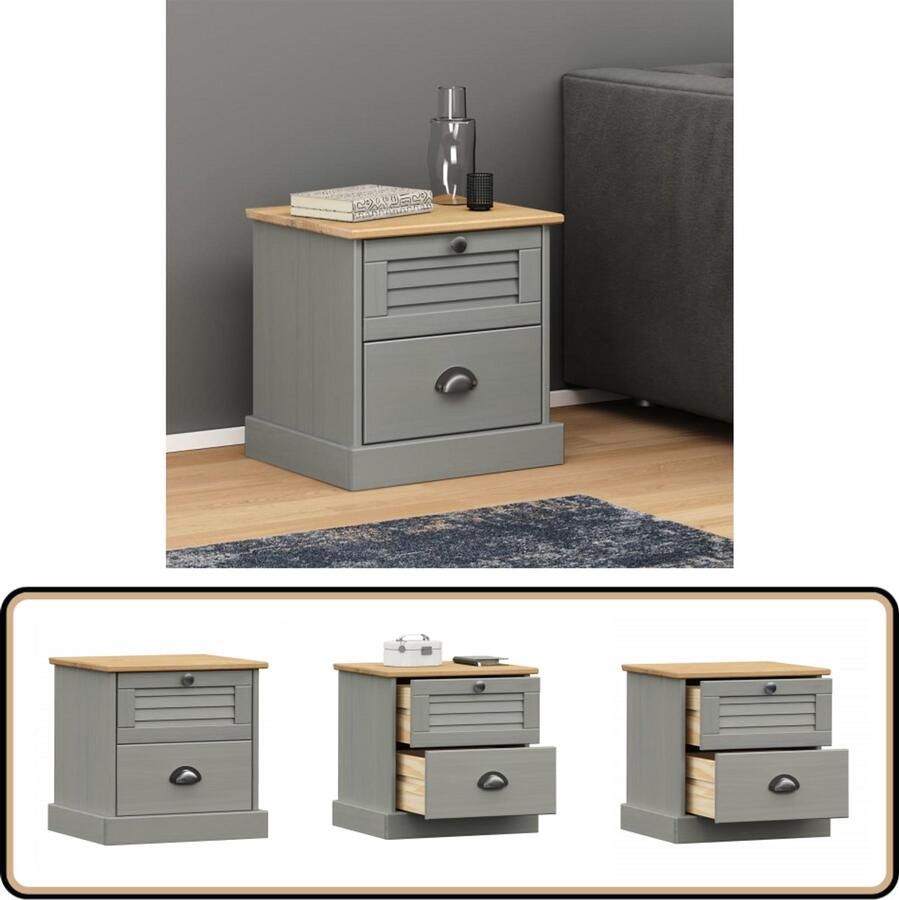 VidaXL Nachtkastje VIGO Grijs Massief Grenenhout Nachtkastje Kastje Slaapkamer Meubels Massief Grenenhout Grijze Meubelen