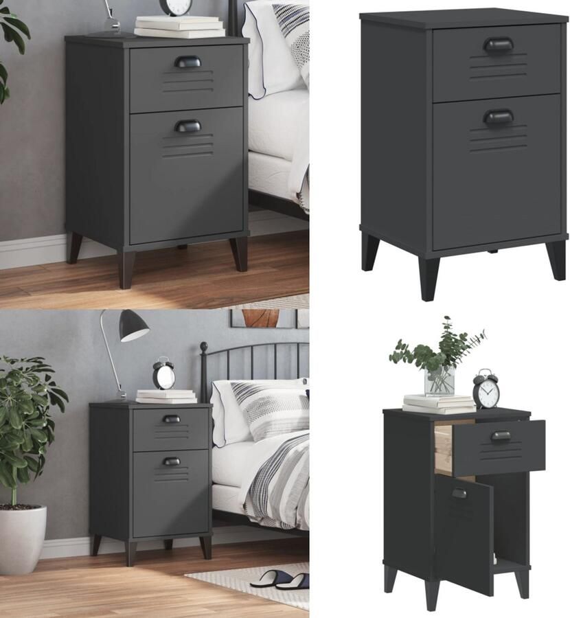 The Living Store Nachtkastje VIKEN bewerkt hout antracietgrijs Nachtkastje Kastje Industrieel Design Antraciet Grijs Houten Kast - Foto 3