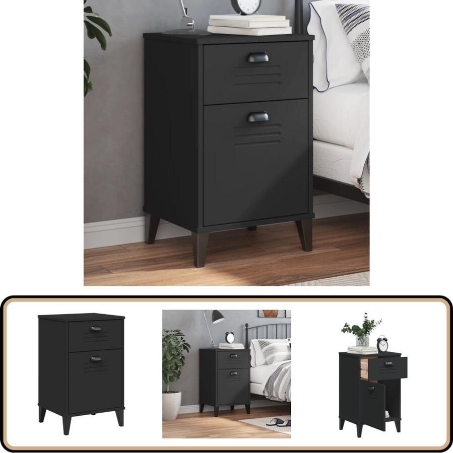 The Living Store Nachtkastje VIKEN bewerkt hout zwart Nachtkastje Kastje Industrieel Design Houten Nachttafel Woonaccessoires - Foto 2