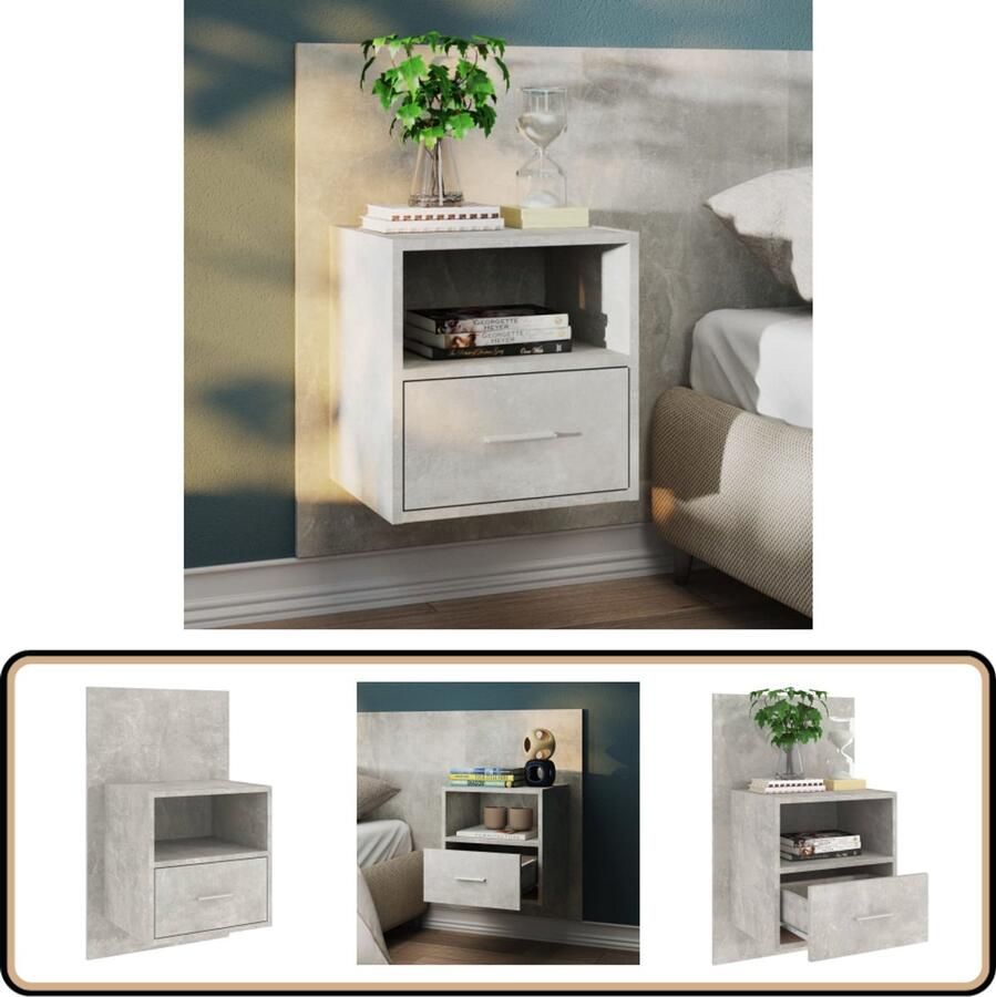 VidaXL Nachtkastje Wandgemonteerd Betongrijs Wandlamp Nachtlamp Bergruimte Slaapkamersdecoratie Houten Meubels