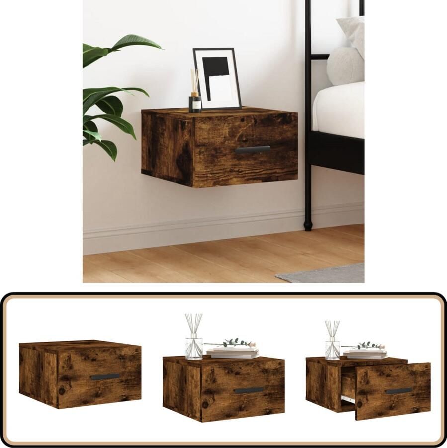 VidaXL Nachtkastje Wandgemonteerd Gerookt Eiken Nachtkastje Wandmontage Houten Nachttafel Bergruimte Slaapkamerdecoratie