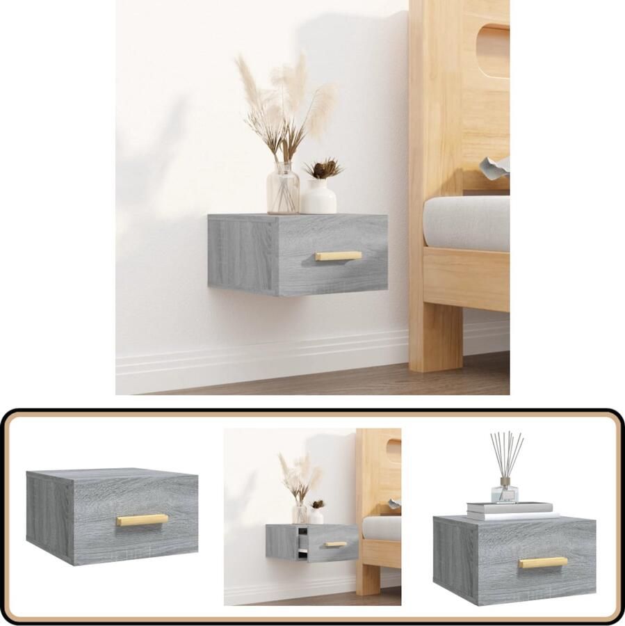VidaXL Nachtkastje Wandgemonteerd Grijs Sonoma Eiken Wandlamp Nachtlamp Kastje Bergruimte Slaapkamerdecoratie Grijze Meubels Houten Meubelen Minimalistische Design
