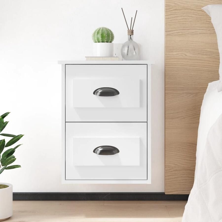 VidaXL Nachtkastje Wandgemonteerd Hoogglans Wit Wandkast Nachtkastje Slaapkamermeubilair Houten Kast Minimalistisch Meubilair Compact Bureau Opslagoplossing Bovenkasten - Foto 2