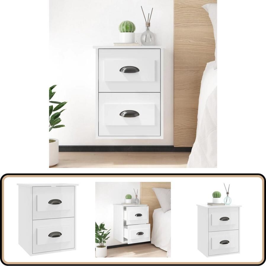 VidaXL Nachtkastje Wandgemonteerd Hoogglans Wit Wandkast Nachtkastje Slaapkamermeubilair Houten Kast Minimalistisch Meubilair Compact Bureau Opslagoplossing Bovenkasten