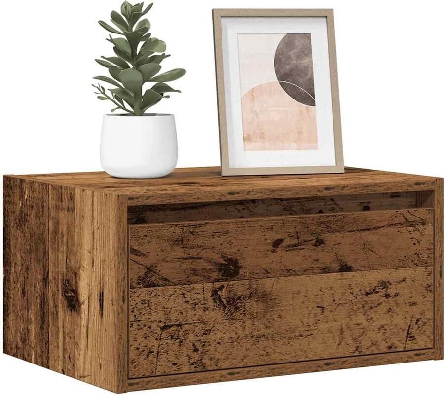 VidaXL Nachtkastje Wandgemonteerd LED Oud Hout Nachtkastje Tv Kast Led Verlichting Wandmontage Houten Nachtkast