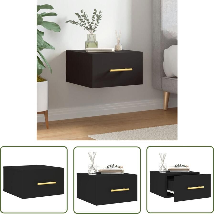The Living Store Wandgemonteerde Nachtkastje Zwart 35 x 35 x 20 cm Bewerkt Hout Wandkast Nachtkastje Houten Kast Zwarte Kast Badkamerkast - Foto 2