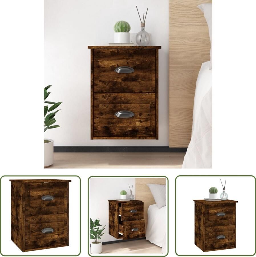 The Living Store Wandgemonteerde Nachtkastje Gerookt Eiken 41.5 x 36 x 53 cm 2 Lades Wandkast Nachtkastje Kastje Houten Meubilair Bruine Meubels - Foto 2