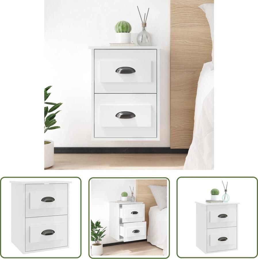 The Living Store wandgemonteerd nachtkastje Elegant Interieur 41.5 x 36 x 53 cm Hoogglans wit Wandkast Nachtkastje Meubilair Slaapkamers Minimalistisch - Foto 2