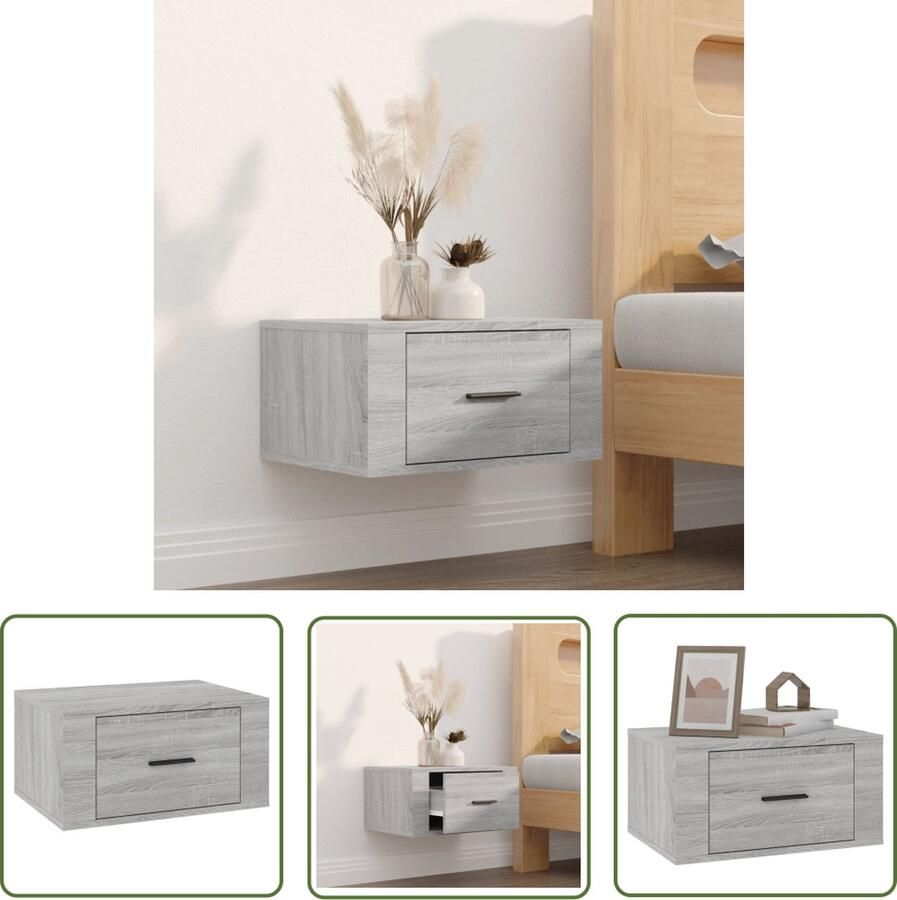 The Living Store Zwevend Nachtkastje Wandgemonteerd 50 x 36 x 25 cm Grijs Sonoma Eiken Wandkast Nachtkastje Nachtlamp Slaapkamervloer Houten Kast - Foto 2