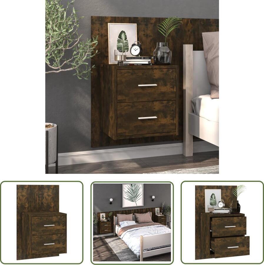 The Living Store Wandnachtkast gerookt eiken 48.5 x 32.5 x 80 cm wandmontage multifunctioneel Wandkast Nachtkastje Houten Kast Bruine Kast Bergruimte - Foto 2
