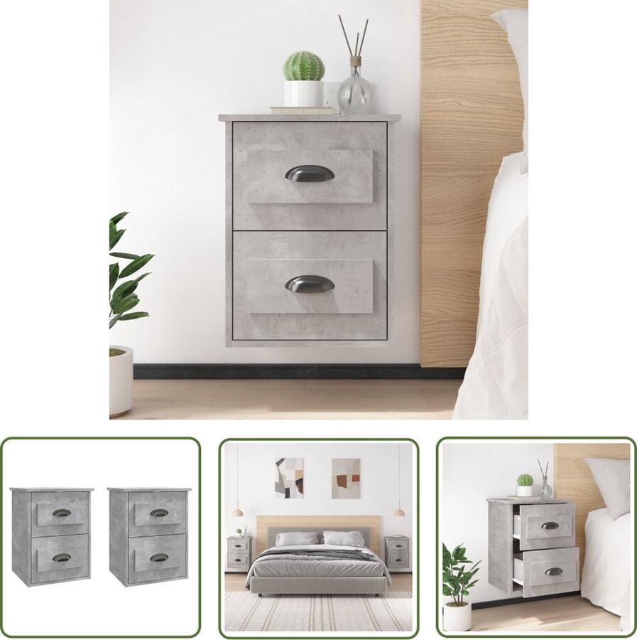 The Living Store Wandgemonteerde Nachtkastjes Betongrijs 41.5 x 36 x 53 cm Twee stuks Wandkast Nachtkastje Slaapkamervloerisolator Betonlook Houten Kast - Foto 2