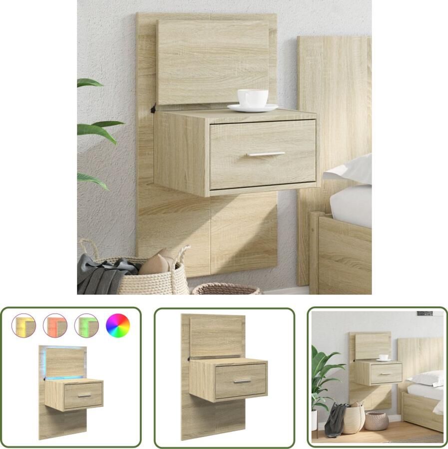 The Living Store Nachtkastje met LED's wandgemonteerd sonoma eikenkleurig Wandlamp Nachtkastje Slaapkamerdecoratie Houten Nachttafel Led Lamp