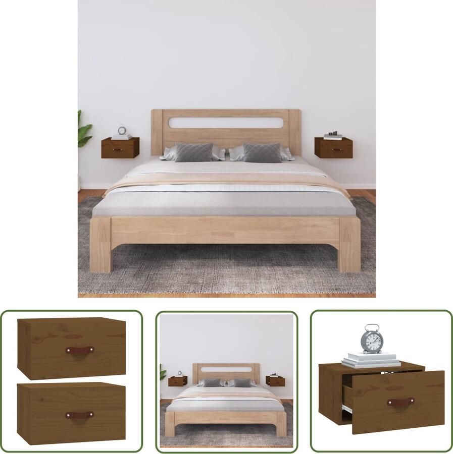 The Living Store Wandnachtkastjes Massief grenenhout 40 x 29.5 x 22 cm Honingbruin Set van 2 Wandlamp Nachtkastje Houten Kasten Grenoble Hout Opbergvak - Foto 2