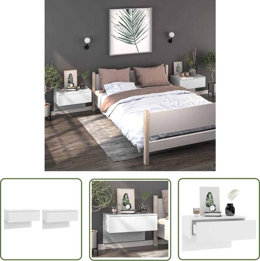 The Living Store Wandnachtkastje Set Wit 60 x 40 x 40 cm Wandmontage design Multifunctioneel Eenvoudig te reinigen materiaal Montage vereist 2 stuks Wandlamp Nachtlamp Wanddecoratie Badkamermeubel Slaapkamervloer - Foto 2