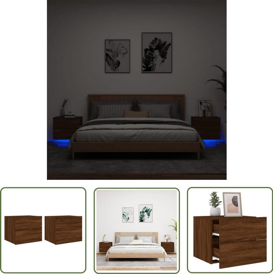 The Living Store Nachtkastjes met LED's 2 st wandgemonteerd bruin eikenkleur Wandgemonteerd Nachtkastje Wandgemonteerde Nachtkastjes Nachtkastje Zwevend Nachtkastje