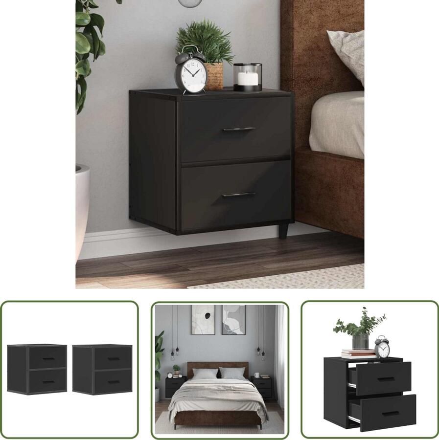 The Living Store Nachtkastjes wandgemonteerd 2 st 40x31x39 5 cm zwart Wandlamp Nachtkastje Slaapkamerdecoratie Opbergoplossing Houten Kast