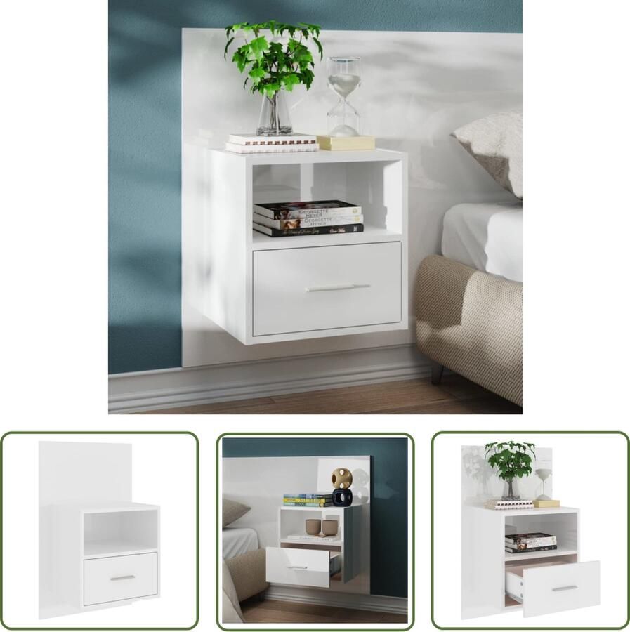 The Living Store Wandnachtkast Bedkastje 38 x 31 x 39.5 cm Hoogglans wit Wandnachtkast Nachtkastje Slaapkamermeubel Opbergoplossing Wandmontage - Foto 2