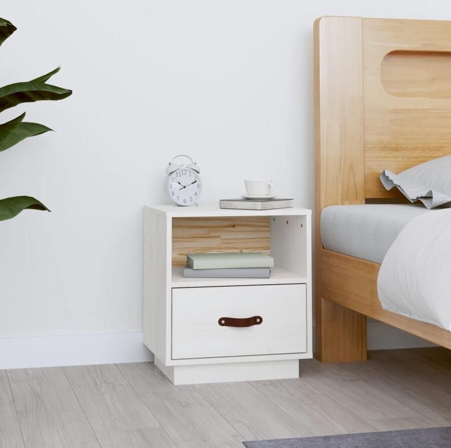 VidaXL Nachtkastje Wit 40x34x45 cm Grenenhout Nachtkastje Slaapkamermeubel Houten Meubels Witte Meubel Grenoble Hout
