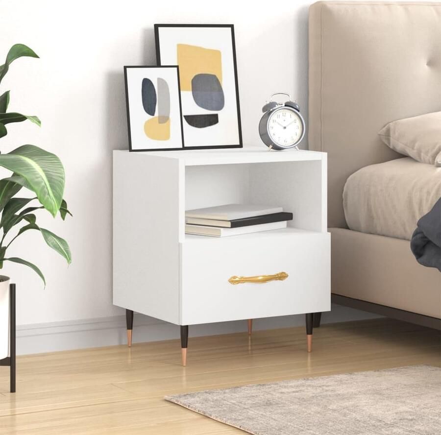 VidaXL Nachtkastje Wit Bewerkt hout 40x35x47 5 cm Nachtkastje Bijzettafel Kast Slaapkamer Meubilair Houten Meubel Witte Meubels Modern Design Opbergvak Lade Metaal Poten - Foto 2