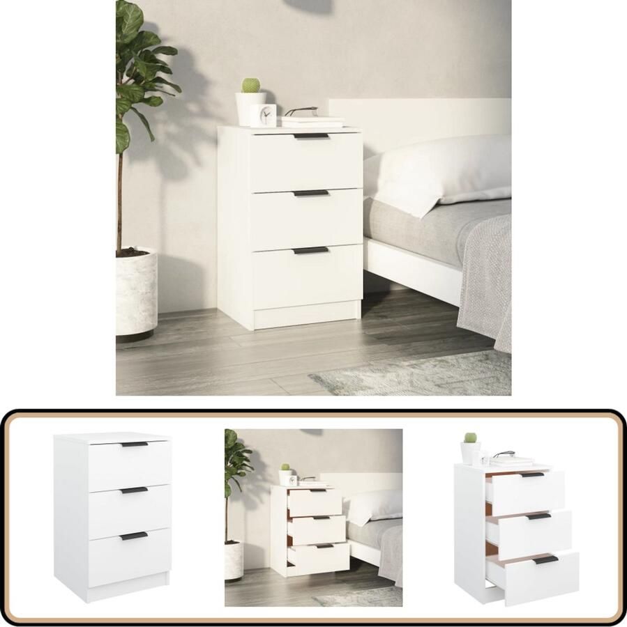 The Living Store Nachtkastje Bijzetkast Wit 40x36x65 cm 3 Lades Bewerkt Hout Nachtkastje Kastje Bijzettafel Slaapkamersfeer Houten Meubel - Foto 2