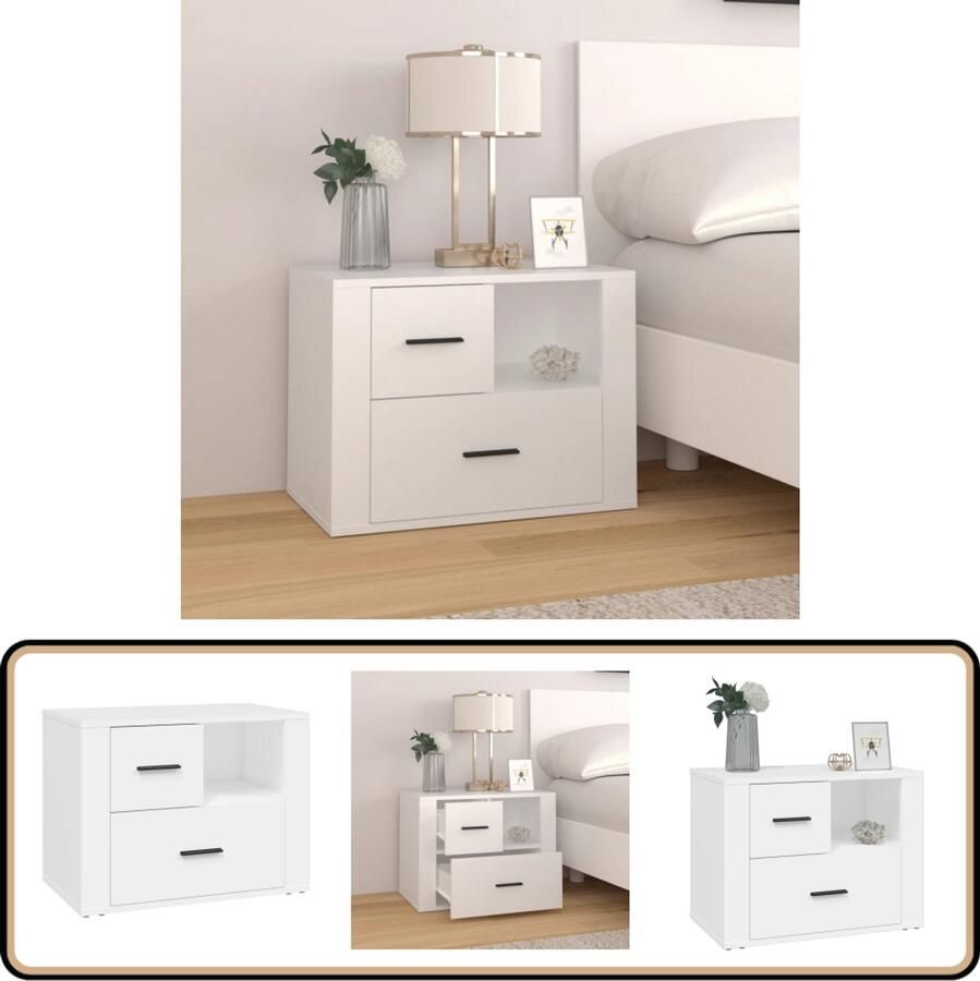 VidaXL Nachtkastje Wit Bewerkt hout 60x36x45 cm Nachtkastje Slaapkamer Meubilair Houten Meubel Witte Meubels Bijzettafel Opslagmeubelen Woonaccessoires