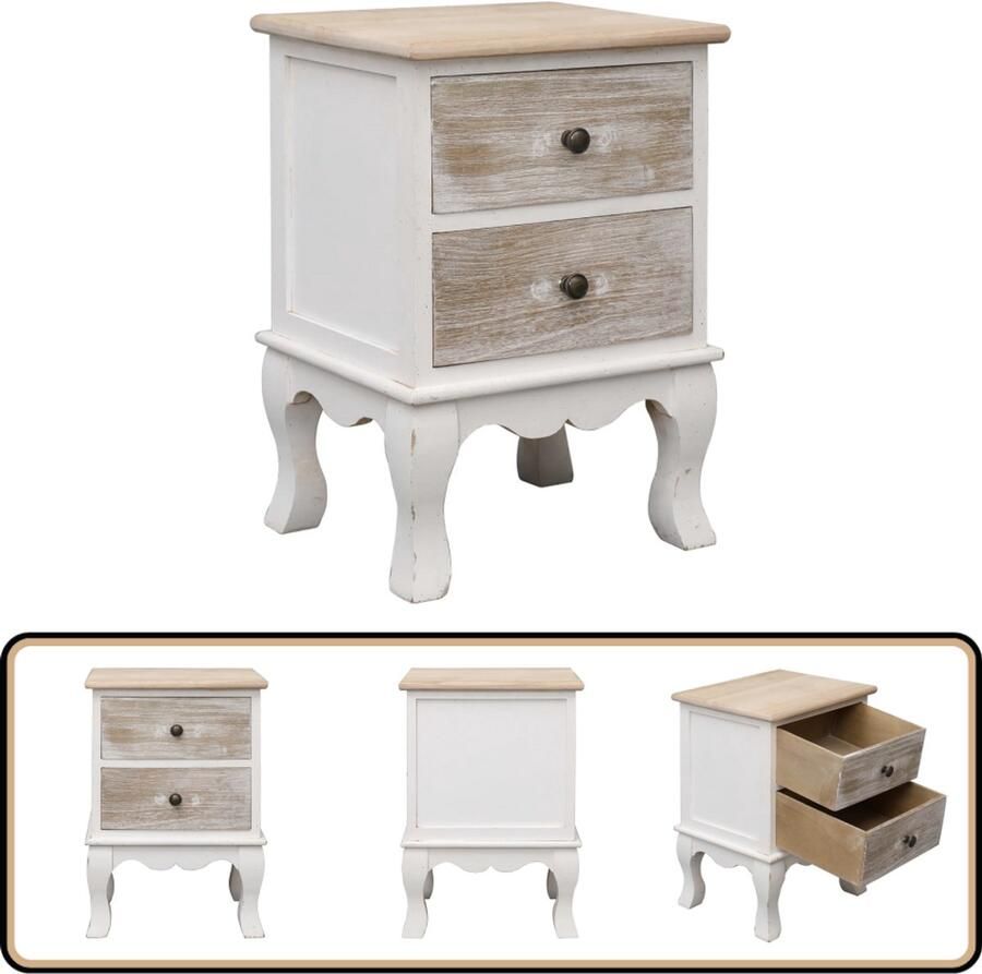 VidaXL Nachtkastje Wit Hout 35x30x50 cm 2 Lades Nachtkastje Vintage Meubel Paulowniahout Slaapkamermeubilair Opbergruimte