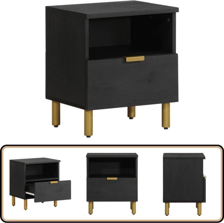 VidaXL Nachtkastje Zwart 40x33x46 cm Hout en Messing Nachtkastje Nachtkastjes Bijzettafel Wandkastje
