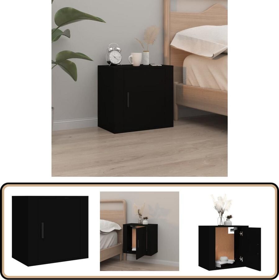 VidaXL Nachtkastje Zwart 50x30x47 cm Wandgemonteerd Nachtkastje Wandmontage Zwarte Kast Houten Kast Slaapkamer Meubilair