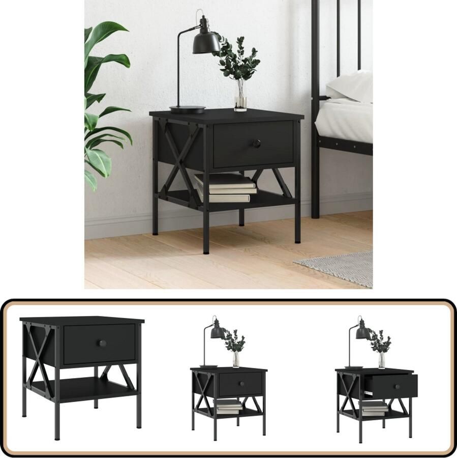 VidaXL Nachtkastje Zwart Bewerkt Hout 40x42x45 cm Nachtkastje Industrieel Design Zwarte Nachtkast Houten Nachtkast Bijzettafels Slaapkamer Meubels Opbergruimte Stapelbaar Modern Meubel Vintage Stijl Minimalistisch Design