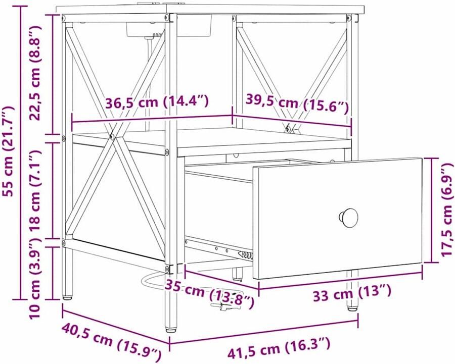 VidaXL Nachtkastje Gerookt eiken 41.5 x 40.5 x 55 cm Bewerkt hout