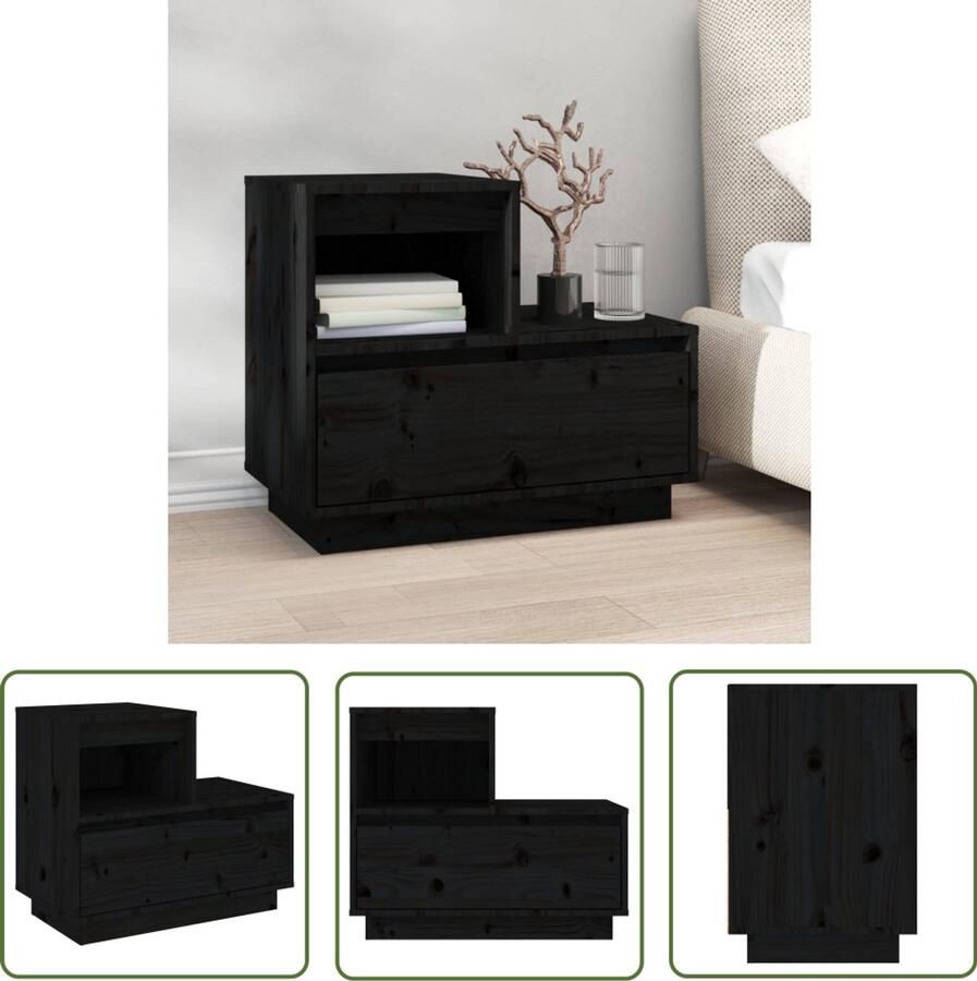 VidaXL Nachtkastje Zwart Massief Grenenhout 60x34x51 cm Nachtkastje Kastje Slaapkamermeubel Houten Meubel Grenenhouten Meubel