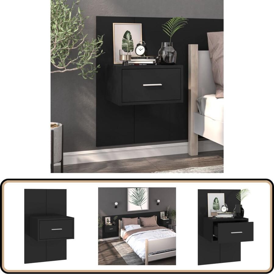 VidaXL Nachtkastje Zwart Wandgemonteerd Hout Wandlamp Nachtlamp Slaapkamervloerplan Slaapkamersdecoratie Zwarte Meubels Houten Meubelstukken Minimalistische Kamerinrichting