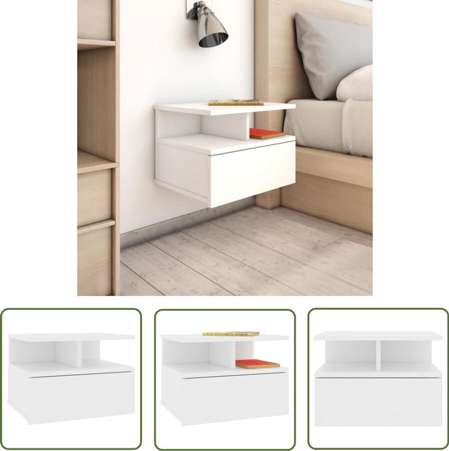 VidaXL Nachtkastje Zwevend 40x31x27 cm Wit Zwevend Nachtkastje Wandmontage Slaapkamer Meubilair Houten Nachtkastje Witte Nachtkastje Compact Nachtkastje - Foto 2