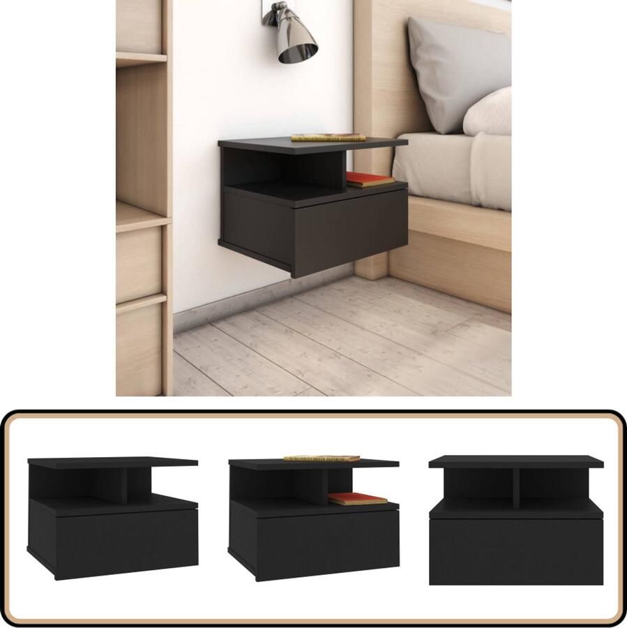 VidaXL Nachtkastje Zwevend 40x31x27 cm Zwart Zwevend Nachtkastje Wandmontage Zwarte Nachtkast Houten Nachtkast