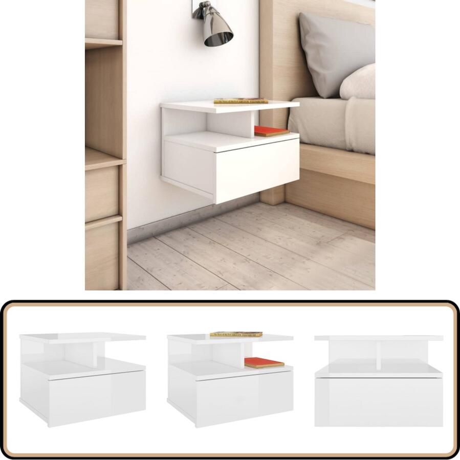 VidaXL Nachtkastje Zwevend Hoogglans Wit 40x31x27 cm Zwevend Nachtkastje Nachtlampje Slaapkamer Meubilair Houten Kast Compact Bureau Minimalistische Kamerdecoratie Badkamerkast