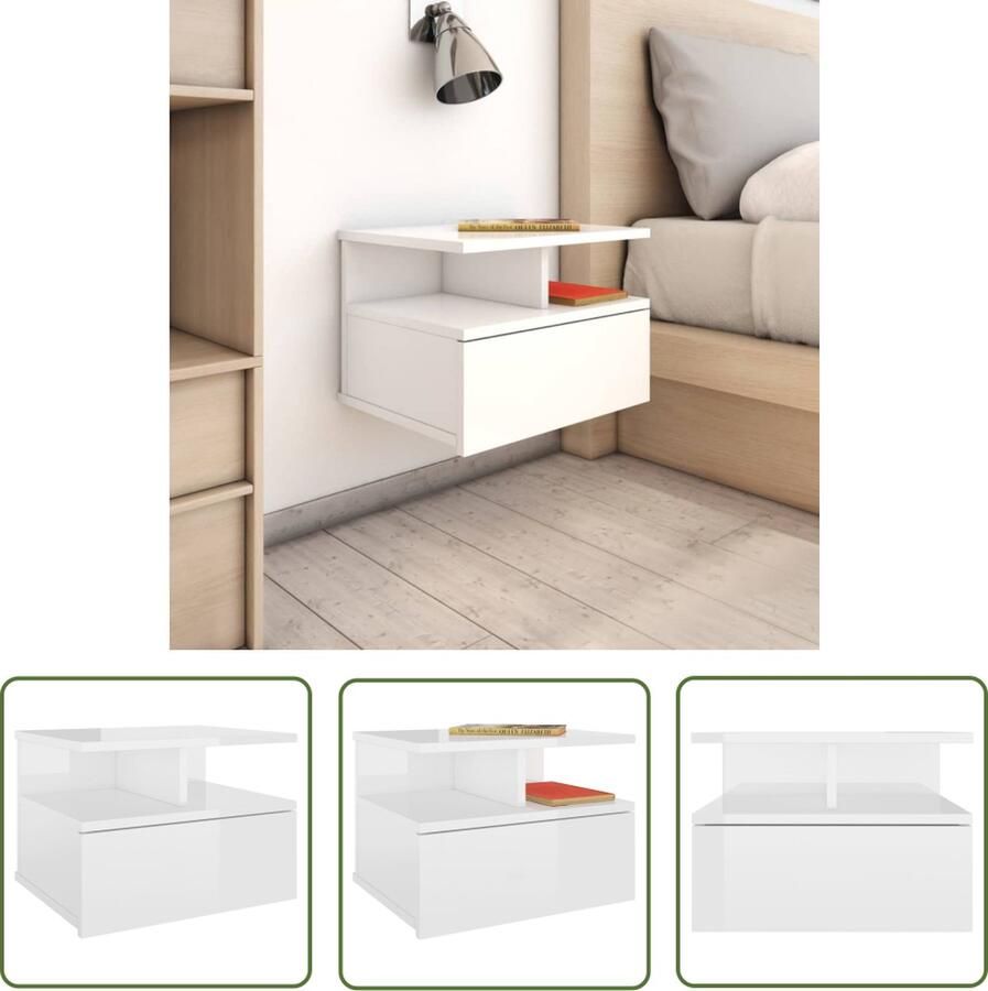 The Living Store Zwevend Nachtkastje Hoogglans wit 40 x 31 x 27 cm Met lade en open vakken Zwevend Nachtkastje Houten Nachtkastje Met Lade Wandmontage - Foto 2