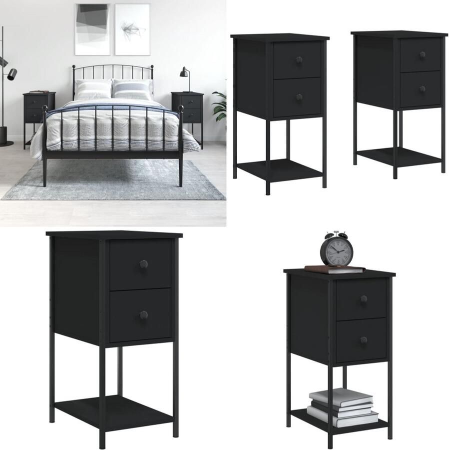 VidaXL Nachtkastjes 2 st 32x42x70 cm bewerkt hout zwart Nachtkastje Nachtkastjes Kast Slaapkamermeubel